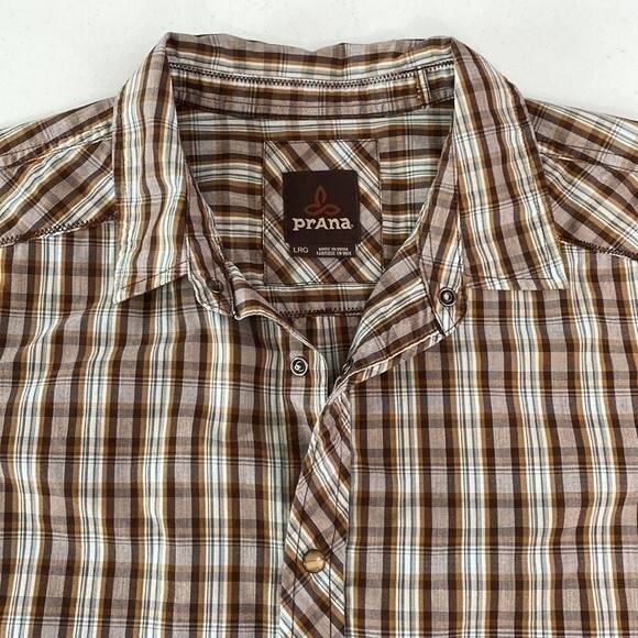 Prana Pearl Snap Plaid Checkered Short Sleeve Button Down Shirt Organic Cotton - Picture 13 of 15